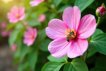 Mallow blooms in full glory with a few bees nearby, pink, white, blossoms