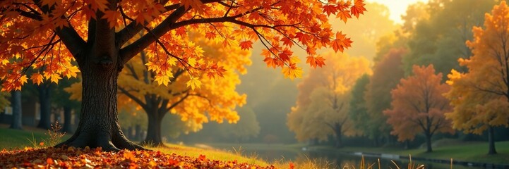 A tree in autumn is adorned with an array of colorful leaves, yellow, forest