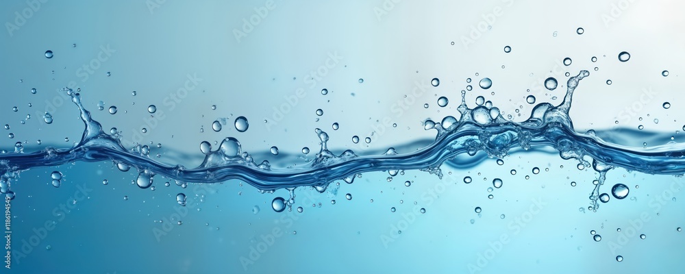 Poster Water droplets, bubbles form abstract patterns on soft blue background. Fluid shapes create dynamic visual effect. Liquid surface displays beauty, purity. Macro details show texture, light