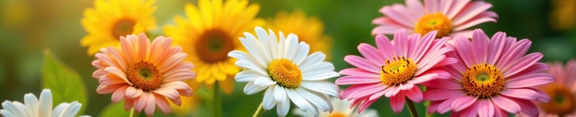 Fototapeta premium White and pink gerbera daisies in a garden with sunflowers, floral, white gerbera daisies, cheerful
