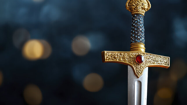 close up of gold sword hilt with intricate designs and red gem, showcasing craftsmanship and elegance