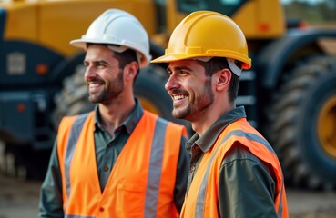 Two happy construction workers stand near heavy machinery. Wearing safety helmets, bright orange vests. Smiling, appear to engaged in conversation. Setting suggests outdoor construction site. Workers
