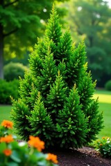 Fototapeta premium Dense foliage of Fire Chief Thuja occidentalis in summer, thujas, evergreen