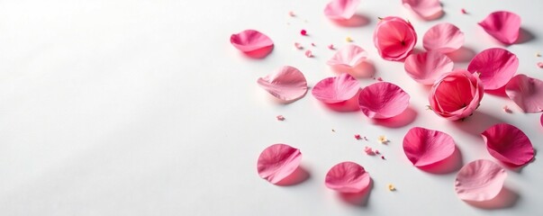 Softly scattered rose petals on pristine white surface, elegant, gentle fall, white background