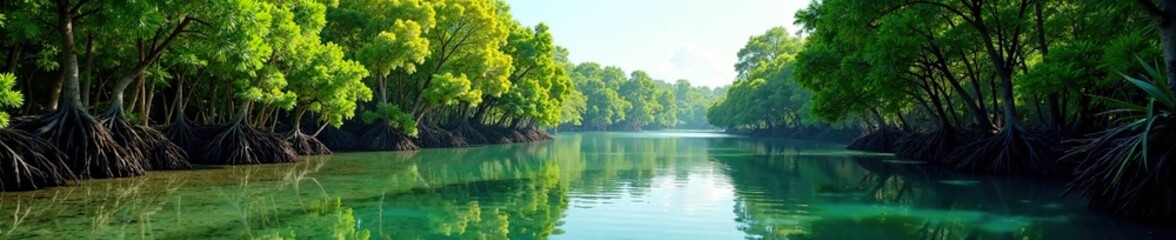 Estuary river with mangrove trees on both sides, banks, natural