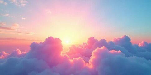 Obraz premium Morning sunrise behind a veil of soft pastel-colored clouds against a bright blue clear sky, , pastel colors