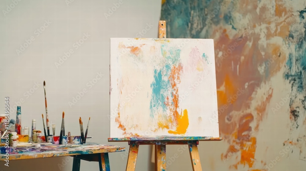 Aufkleber artistic workspace filled with vibrant brushes, paints, and a blank canvas ready for creative expres