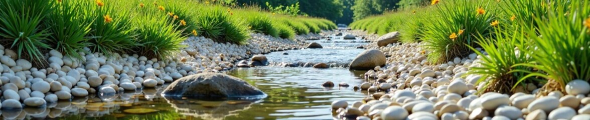 A small stream flowing through a field of white pebbles, nature background, stream, landscape