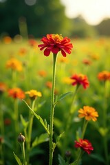 Potentilla reptans plant in a field with sunlight, nature, landscape, flora