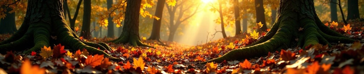 Sunlit forest floor, carpeted with golden and orange leaves, forest floor, tree roots, woodsy atmosphere