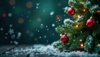Snowflakes gently falling on a dark green Christmas tree background with ornaments and lights, winter wonderland, evergreen trees, twinkling lights