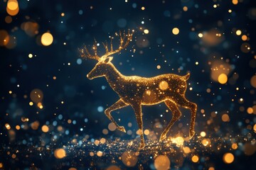 Golden reindeer, shimmering lights, bokeh effect, dark blue background, magical