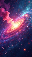 Cosmic explosion with pink and purple gases, teal sparks, and gold glitter details, Procreate, shine, cosmic explosion