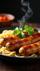 Pan-fried sausages with steaming wirsing and noodles, sausages, meal