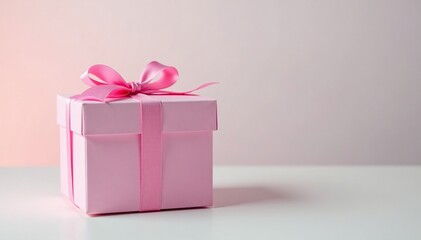 Fototapeta premium Simple pink gift box on a light-colored table top, simple, clean