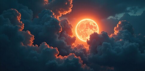 Dark cloudy sky with a glowing circle of smoke and scattered sunbeams in the air, shadows, dark cloud, dark sky