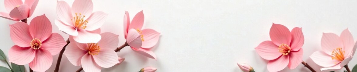 Obraz premium Pink and white paper flower bouquet on a white and cream background, white flowers, spring arrangements