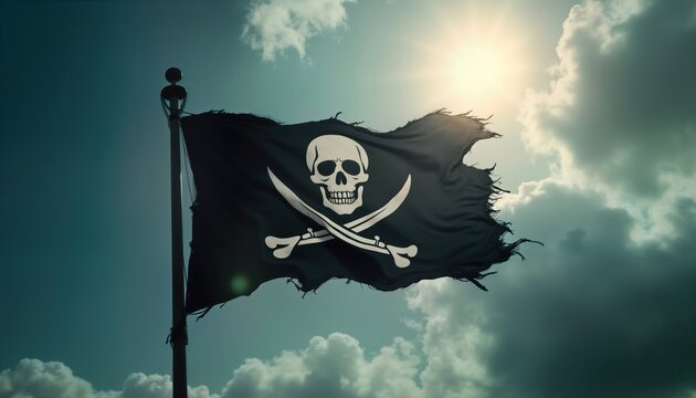Grunge pirate flag waves dramatically against cloudy sky with sun rays. Ripped, old fabric texture. Dark mystery style. Hacker, robber themed image. Powerful symbol of pirate territory emblem for