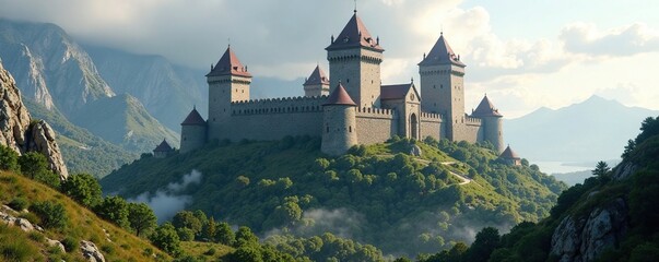 Towering spires and battlements surround an ancient fortress's stronghold, stronghold, fortress, ancient
