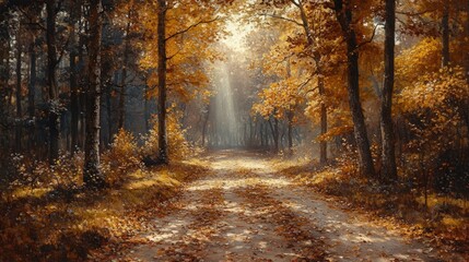Fototapeta premium Autumnal forest path, sunlit leaves, golden hues.