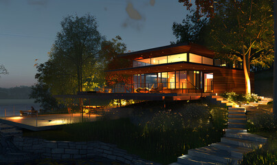 Obraz premium modern house on a hill with wooden details and a white facade in the evening for living or a family on a summer day with trees around the front view