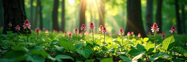 Obraz premium Blooming black cohosh in forest with sunlight filtering through leaves, light, forest floor
