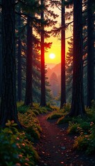 Fototapeta premium Dense pine forest at dusk with a single tree lit by warm sunset light, sunset, woods