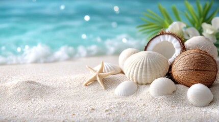 Seashells, coconuts, starfish on sandy beach.