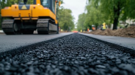 Road Construction Progress with Asphalt Layer and Heavy Machinery on Urban Street in Summer Day