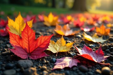 Colorful leaves on the ground with flowers around them, ground, blooms