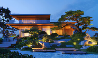 Obraz premium modern house on a hill with wooden details and a white facade in the evening for living or a family on a summer day with trees around the front view