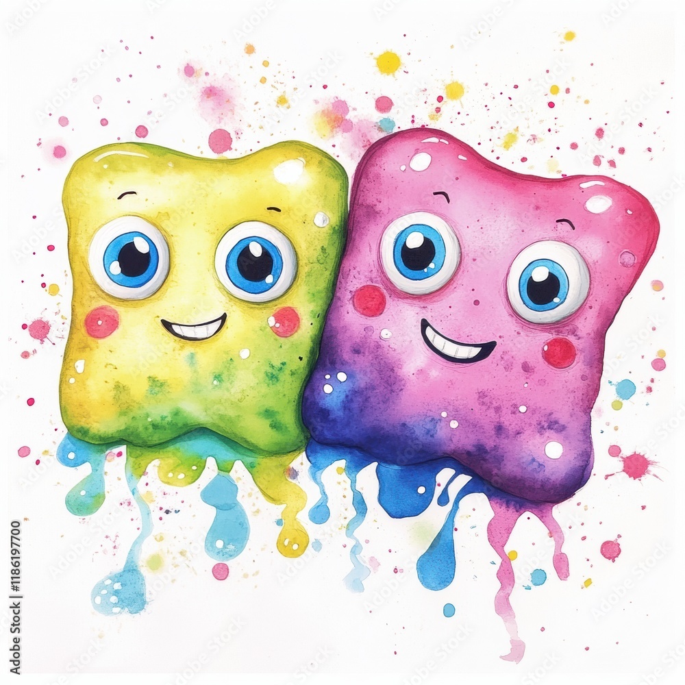 Fototapete bright and cheerful microbes with eyes and smiles enjoying a playful moment in a colorful environmen