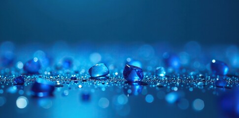 Tiny fragments of blue glass suspended in mid air, blue hues, serenity, stillness