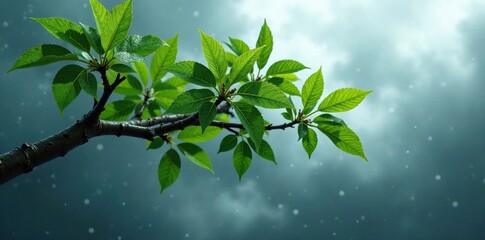 Obraz premium Wet tree branch stretching across a gray sky with rainclouds and raindrops, grey, weather, tree