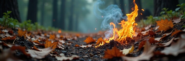 Burning leaves and twigs scatter on the forest floor, smoke, embers