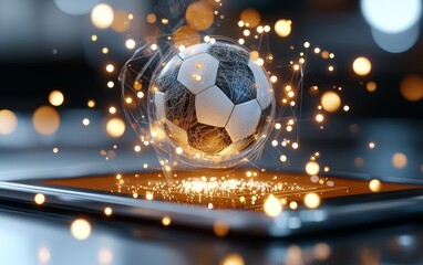 Futuristic Soccer Ball Emerging from Digital Tablet Screen Glowing Lights