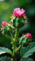 Prickly Gymnocalcium with pink green buds growing, gymnocalcium, green