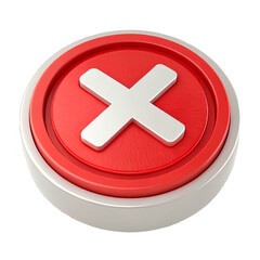 Fototapeta premium A 3D red button with a white cross in the center, placed on a white base. The rounded edges give the button a modern look.