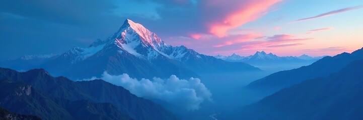 Obraz premium Softly glowing blue clouds illuminate a mountain range, natural wonder, glow effect, atmospheric