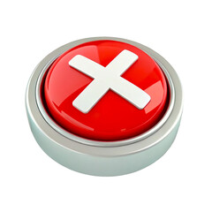 Fototapeta premium A glossy red button with a white cross in the center. The button is framed by a silver ring and designed in a minimalist style.
