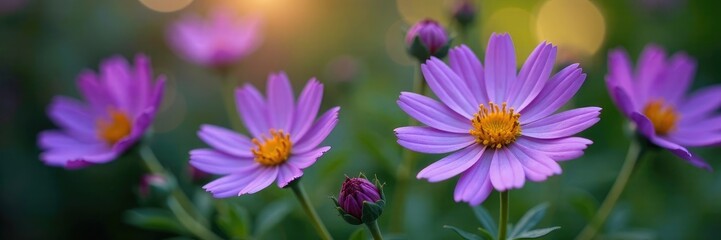 Fototapeta premium Purple flowers with yellow centers on a bushy stem, blooming, plant