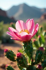 Obraz premium Soft Pink Opuntia Flower Blooms in Desert Landscape, green blur background, desert landscape
