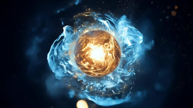 mystical fireball with swirling blue and gold flames and sparkling particles in constant motion