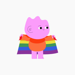 Character holding rainbow flag symbolizing LGBTQ pride, inclusivity, and support, flat vector illustration for themes of equality, diversity, and acceptance, isolated on white.