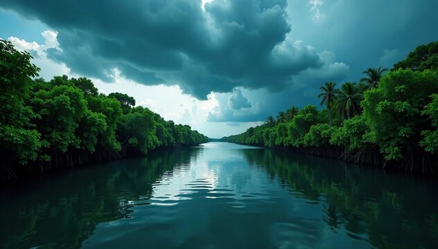 A stormy sky looms over the waters of a narrow coastal river with mangroves, water, storm, landscape