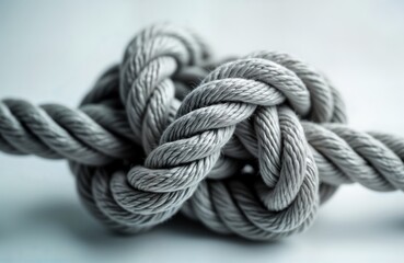 Closeup view of nautical knot. Grey rope knot tightly bound. Details of rope structure visible. Image perfect for nautical design marine theme. Suitable for sailors boat owners. Used in design for