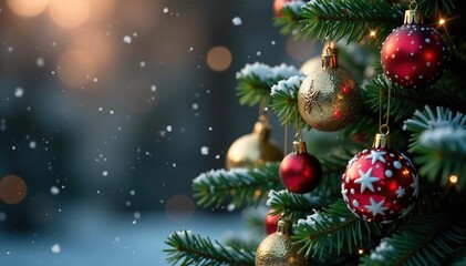 Fototapeta premium Snowflakes gently falling on a Christmas tree, Seasonal, Winter, Ornaments