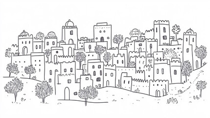 Fototapeta premium minimalist black and white sketch of a hilltop village with traditional houses and trees creating a charming and peaceful scene 