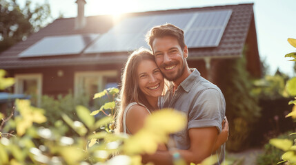happy couple stand in front of the new single-family house with photovoltaic system 