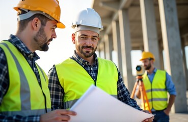 Construction engineers review project plans on building site. Two men in safety vests, hard hats discuss blueprints. Work together at outdoor construction. Surveyor also visible. Likely photo ideal